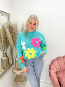 MADELIEF FLOWER SWEATER turqouise